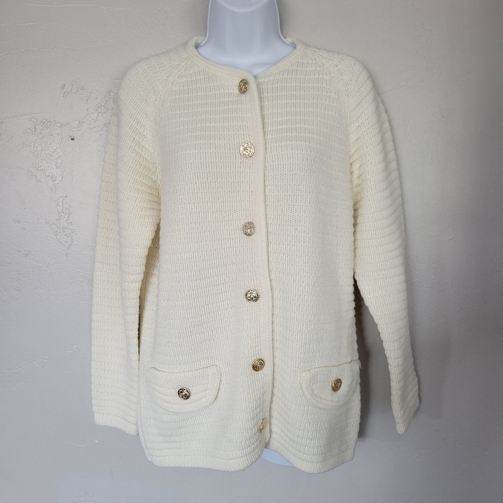 Full Fashioned Vintage Ivory Knit Cardigan Button Up 100% Virgin Acrylic Fibers